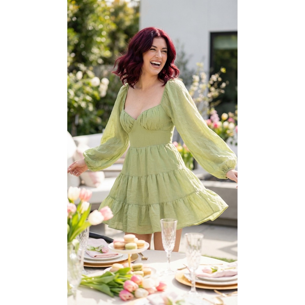 Princess Polly Green 8 Tiered Mini Fairy Dress Long Balloon Sleeve Open Tie Back